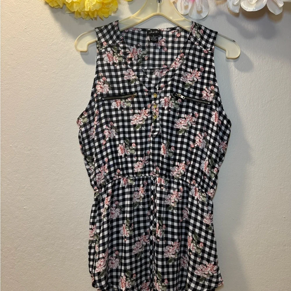 Justify Black Gingham Tank with Pink Floral Print